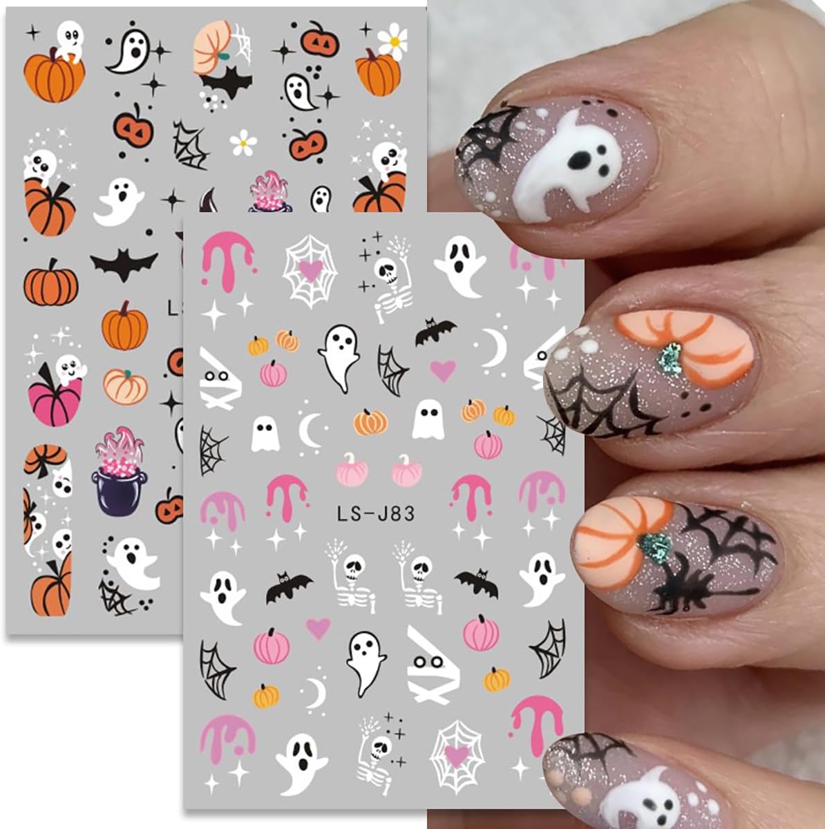 6Sheets Halloween Nail Art Stickers 3D Cute Zombie Ghost Decals Pumpkin Blood Skull Spooky Design Black Cat Gothic Supplies for Women DIY