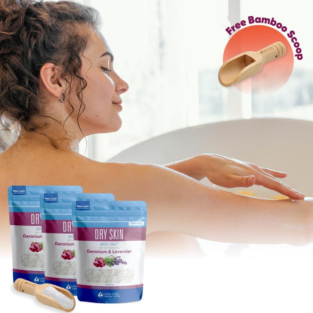Dry Skin Bath Salt (3 Pack with Scoop) Skin Soothing Epsom Salt with Pure Essential Oils in BPA Free Pouch with Press Lock Seal Made in USA Three 2 Lbs Pouches 6 Lbs Total