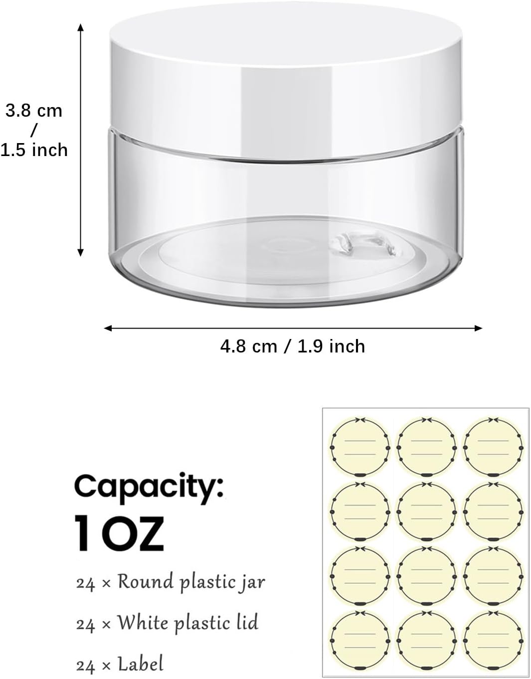 TUZAZO 24 Pack 1 Oz Small Plastic Container Jars with Lids and Labels BPA Free, Empty Round Clear Cosmetic Containers Plastic Slime Jars for Lotion, Cream, Ointments, Samples, Travel Storage (24)
