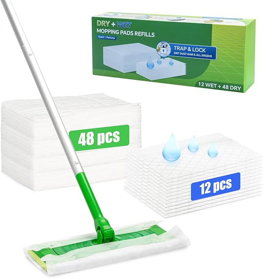 60 Count 2-in-1 Dry + Wet Mopping Cloths Kit for Swiffer Sweeper Mop, Disposable Mop Pads Refill Kit Includes 48 Dry Sweeping Cloths & 12 Wet Pads Refills for Multi-Surface Floor Cleaning