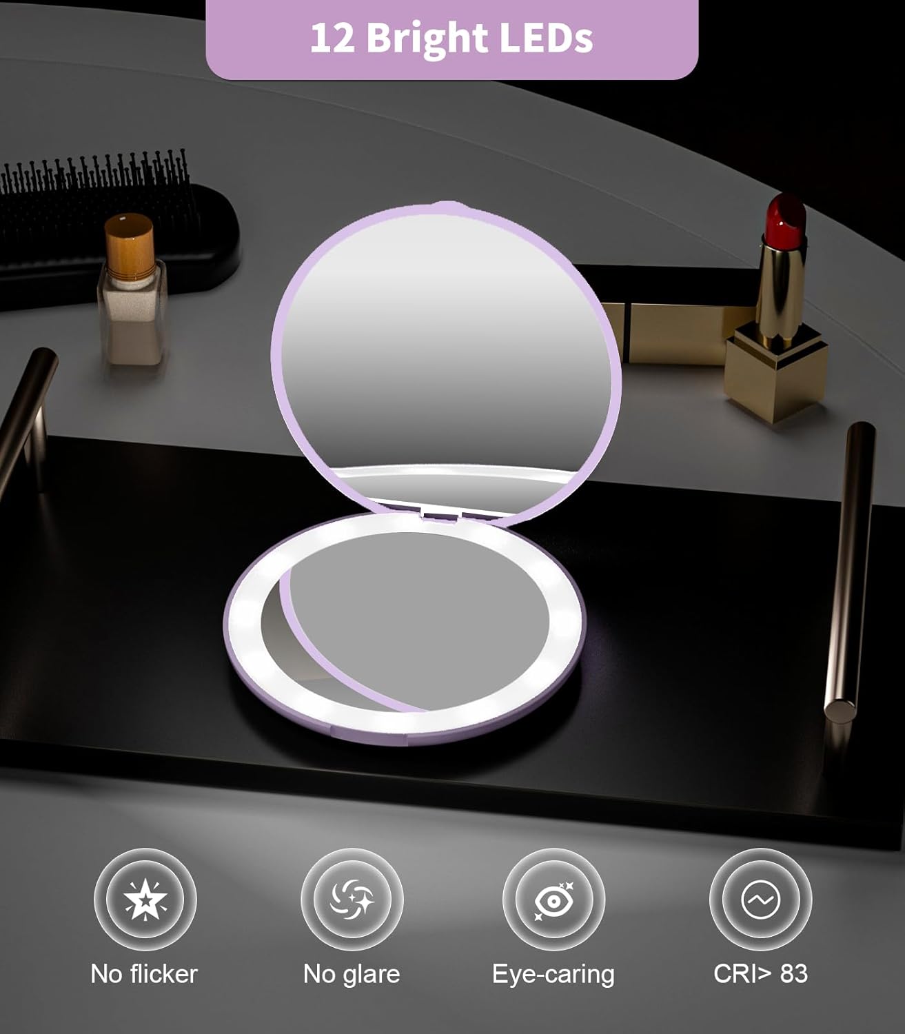 WOBSION Travel Compact Mirror,Portable 1x/10x LED Makeup Mirror with Magnification,Handheld 2-Sided Pocket Mirror, 3.5in Small Mirror for Purse,Handbag,Gift,Purple