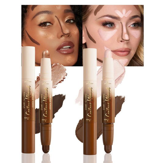 2Pcs 2in1 Cream Contour Highlighter Stick, Dual-Ended Highlighter Makeup Contour Stick, Contour Stick Dual Ended For Face Body Makeup,Long Lasting Waterproof for All Skin Tones (01+03)