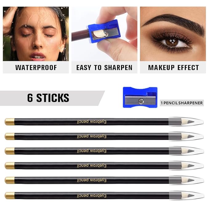 6Pcs Black Eyebrow Pencils for Women,Wooden Hard-Core Eyebrow Eyeliner Pencil,Sharpener Included,Long Lasting Waterproof Sweat-proof Create a Natural Eye Brow Makeup,Beginner Brow Pencil,Cruelty-Free