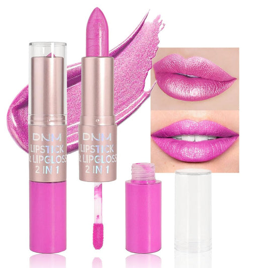 evpct 2 in 1 Hot Pink Glitter Metallic Shimmer Diamond Lipstick and Lip Gloss Set for Women Long Lasting Waterproof, Rose Pink Sparkle Glitter Shiny Lipstick and Lip Liner Makeup Set, 04#