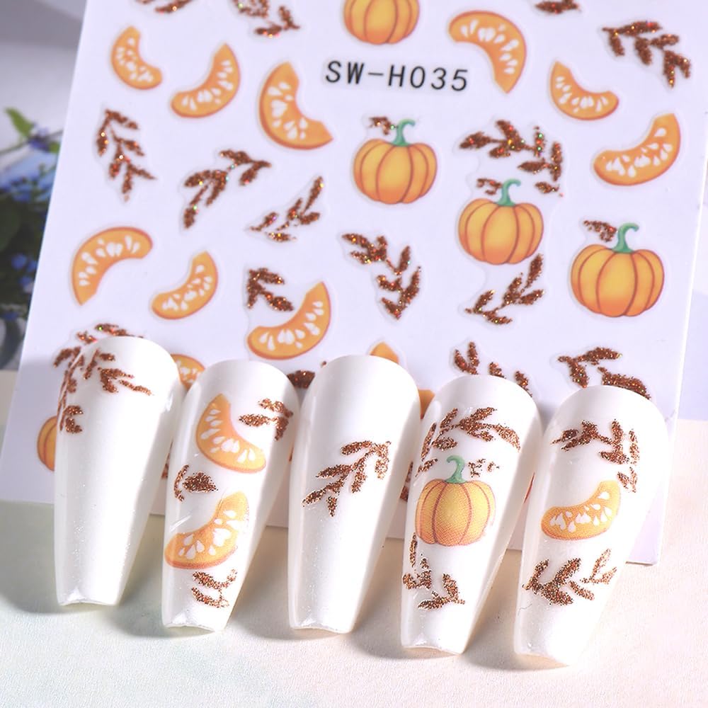 6PCS Fall Nail Art Sticker Autumn Leaves Pumpkin Nail Decals 3D Self-Adhesive Thanksgiving Gold Yellow Maple Leaf Nail Design Nail Art Supplies for Women Holiday DIY Manicure Decoration Accessories