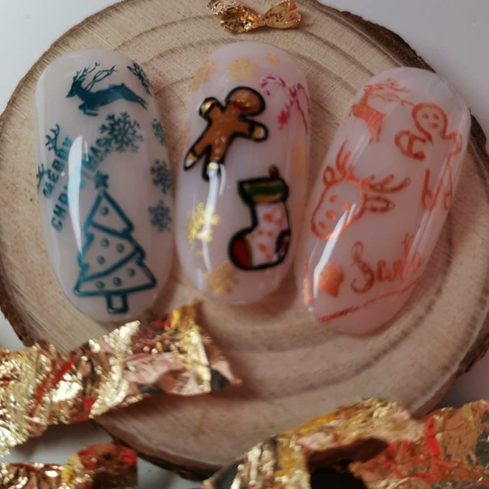 5Pcs Snowflake Nail Stamping Plates - Christmas Theme Santa Reindeer Tree Bell Snowman Winter Image Nail Art Design Stamp Kit Manicure Template Mold New Year Stencils Painting Tool