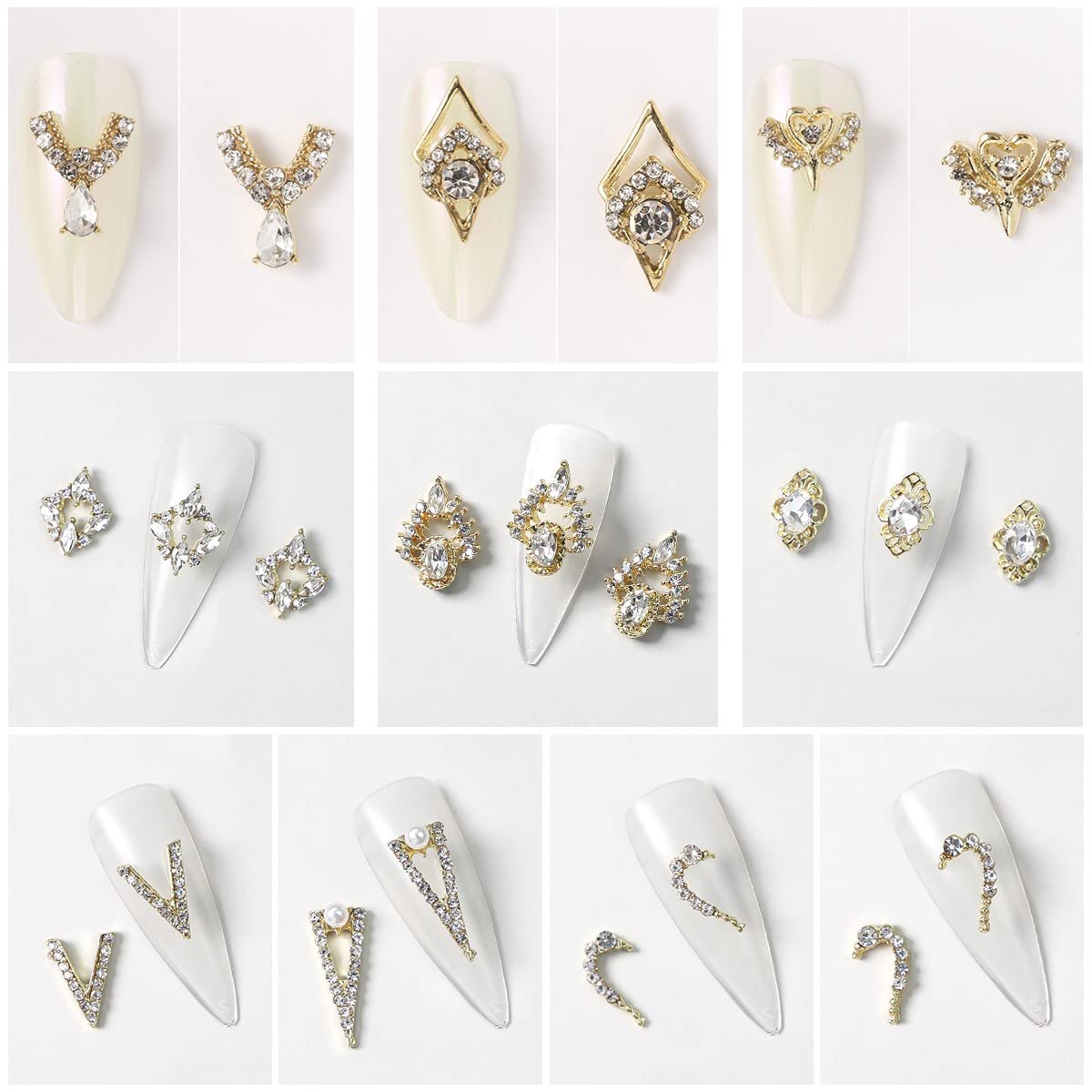 12 Pair 3D Alloy Gold Nail Art Rhinestones - Heart Shaped Nail Charms, Golden Nail Crystal Diamonds Jewelry Stones Studs for Nails Decor Crafts