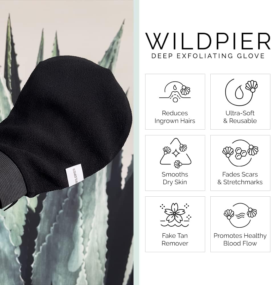 Wildpier Beauty Exfoliating Glove Luxe for Sensitive Skin Mitt Body Scrub for Bath Shower Spa Hand Exfoliator Gloves, Dead Skin Cell Remover, Plant Based Deep Exfoliation Scrubber, Black