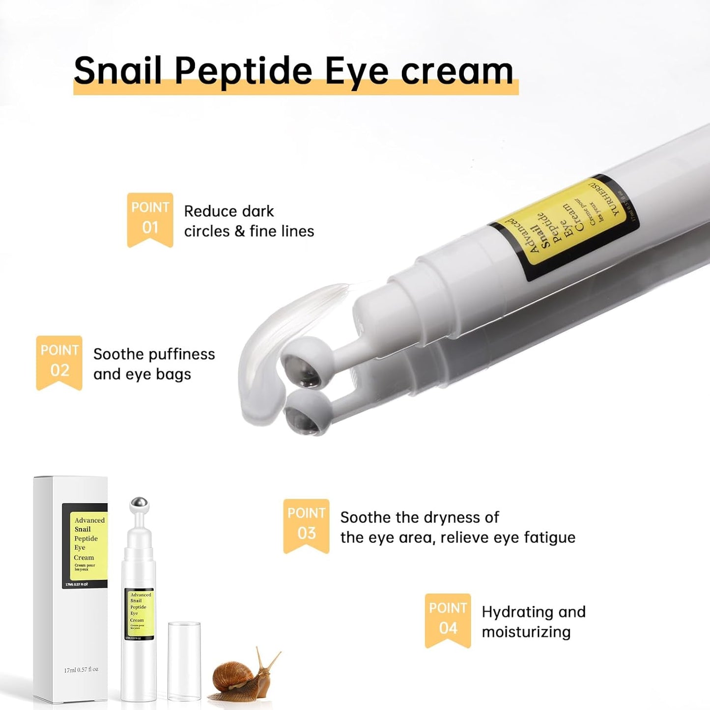 Snail Peptide Eye Cream For Moisturizing, Snail Mucin Under Eye Cream With Niacinamide, Hyaluronic Acid, 17 ML Snail Eye Cream For Dark Circles, Puffiness and Fine Lines.