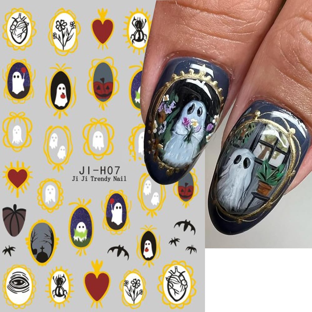 Halloween Nails Stickers Cute Ghost Nails Sticker 3D Embossed Gold Frame Self Adhesive Sticker Nail Decals Black Insects Bat Nail Art Decal Halloween Decals for Nail DIY Manicure 4Sheet