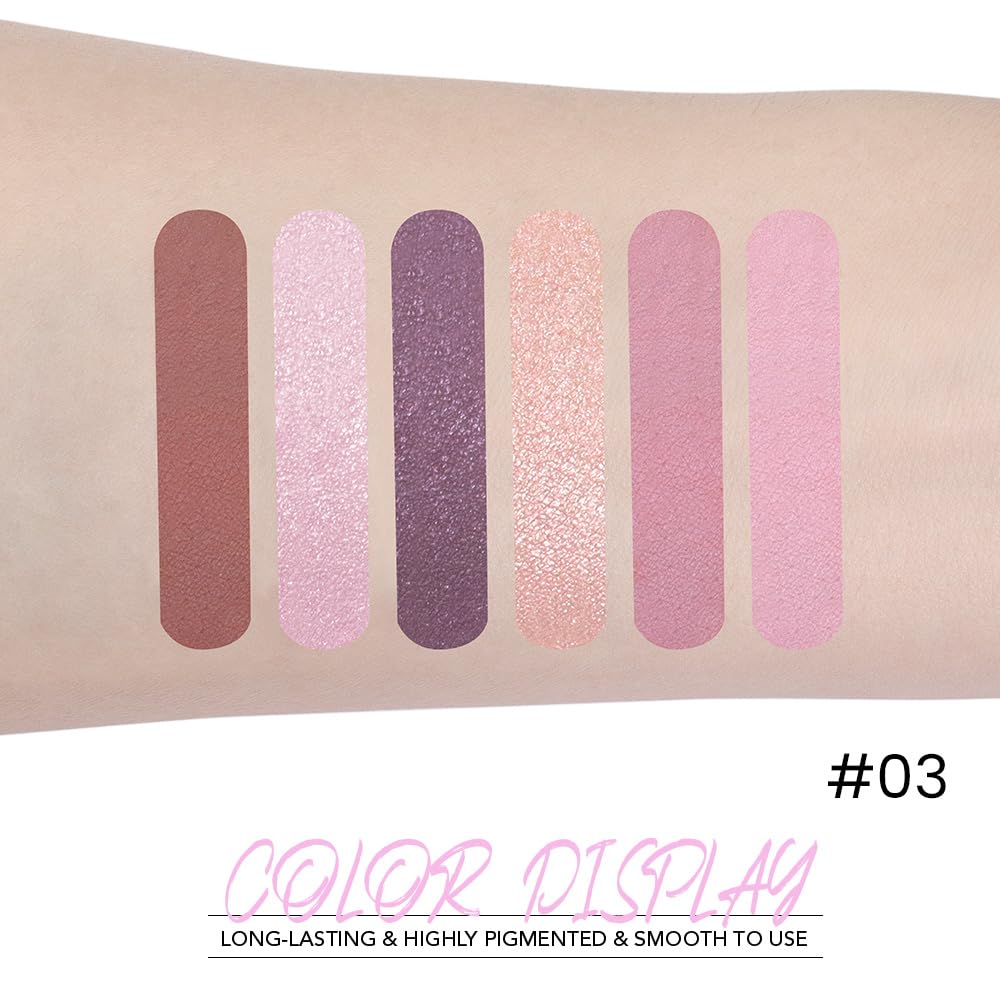 6-Color Pink Champange Purple Matte & Shimmer Eyeshadow Palette with Mirror – Highly Pigmented, Long-Lasting Eye Makeup for Artists & Creative Looks (03#)