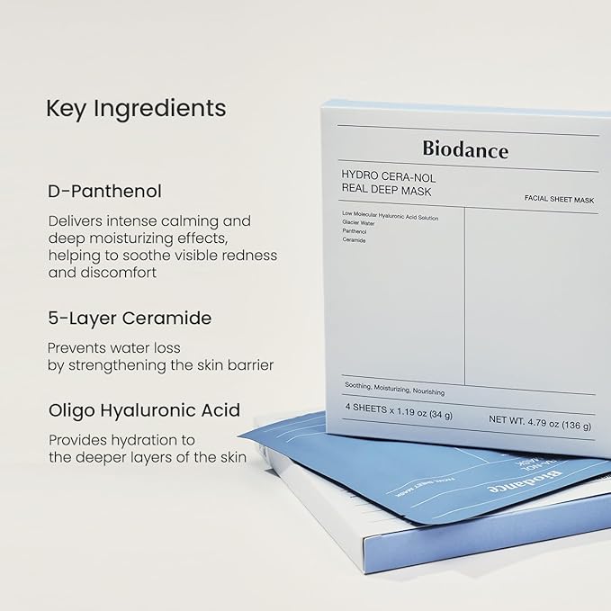 BIODANCE Hydro Cera-nol Real Deep Mask, Overnight Hydrogel Mask, Hydrating Facial Mask For Sensitive Skin, Redness Reducing & Quick Soothing Effect, Korean Skincare, Stocking Stuffers |1.19oz(34g)x4ea