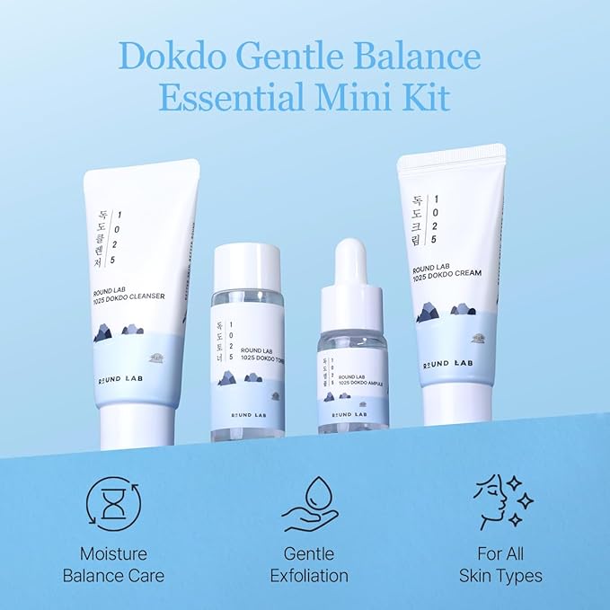 ROUND LAB 1025 Dokdo Hydrating Mini Size Kit (Cleanser, Toner, Ampule, Cream), Deep Hydration for Dry Skin, Daily Skin Care Routine Trial Kit for Moisture Care, Travel Size Gift Set, Stocking Stuffers