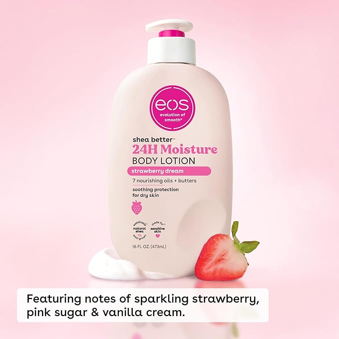 eos Shea Better Body Lotion Strawberry Dream, 24-Hour Moisture Skin Care, Lightweight & Non-Greasy, Natural Shea, Vegan, Strawberry Body Lotion, 16 fl oz