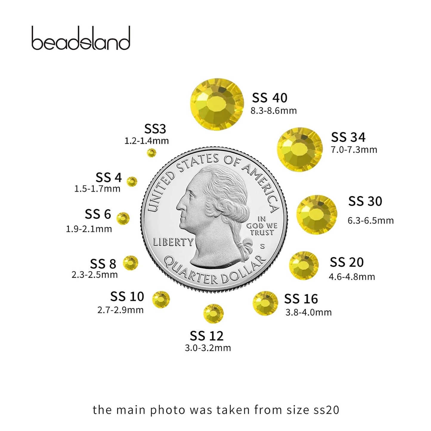 beadsland 1440 Piece Flat Back Crystal Rhinestones Round Gems,1.3mm-6.5mm,Lemon Yellow(SS10(2.7-2.8mm))