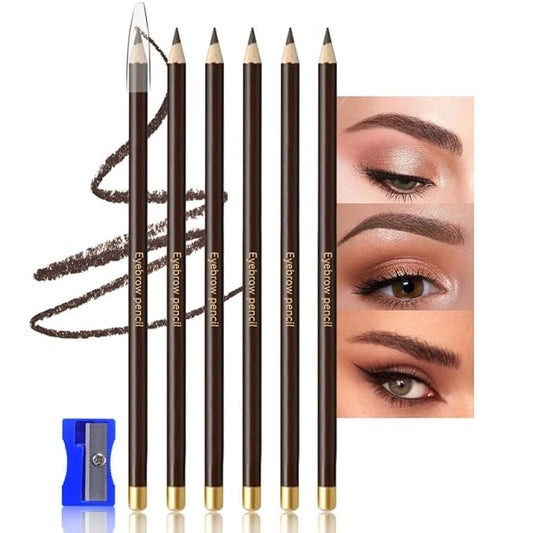 6Pcs Brown Eyebrow Pencils for Women,Wooden Hard-Core Eyebrow Eyeliner Pencil,Sharpener Included,Long Lasting Waterproof Sweat-proof Create a Natural Eye Brow Makeup,Beginner Brow Pencil,Cruelty-Free