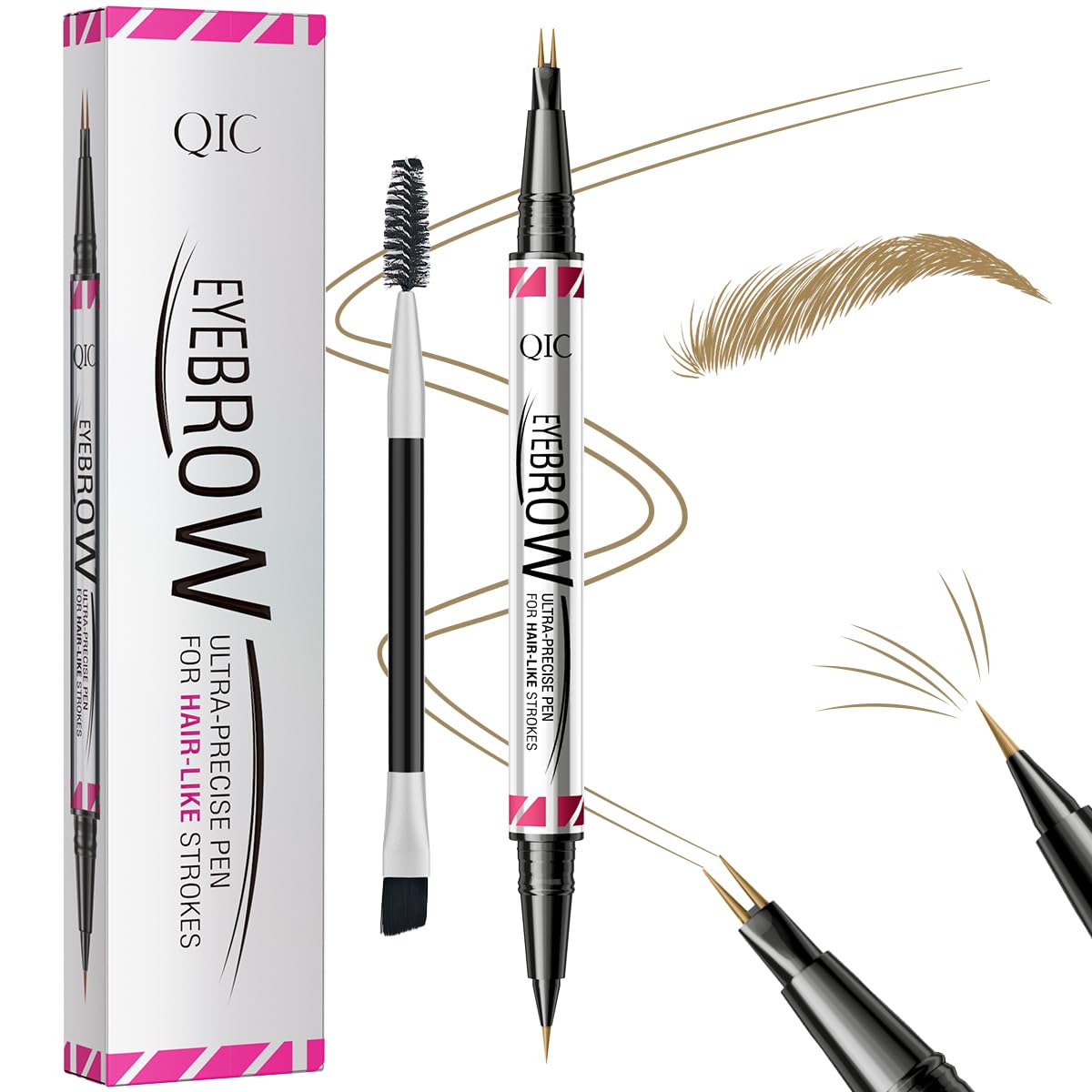 Eyebrow Pencils for Women, 2-in-1 Dual-Ended Microblading Eyebrow Pencil Waterproof with 2 Fork Tip and Spoolie Brush for Hair-Like Natural Brows Eyebrow pen, Non-Dry, Last All-Day (Light Brown)