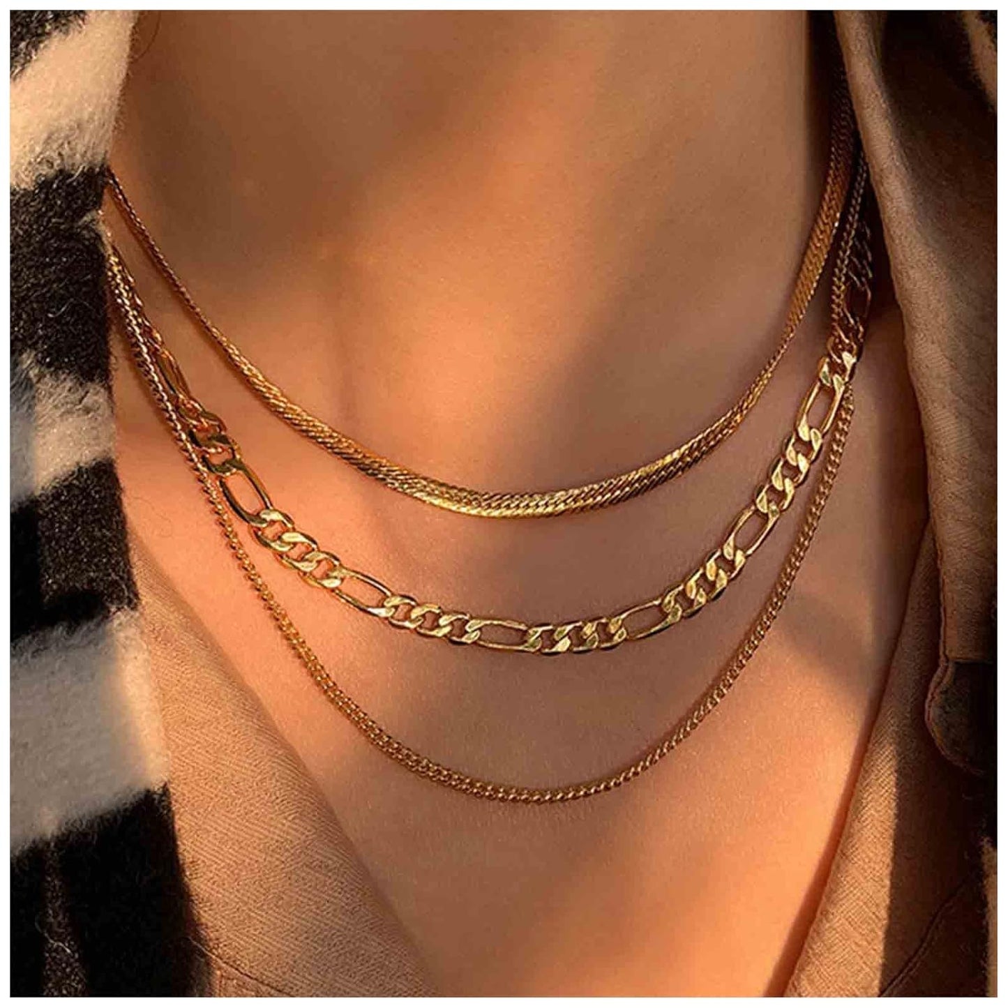 Punk Layered Figaro Chain Necklace Gold Snake Chain Choker Necklace Chunky Herringbone Necklace Vintage Layering Curb Chain Necklace Jewelry for Women and Girls Gifts for Her