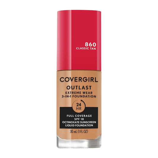Covergirl Outlast Extreme Wear 3-in-1 Full Coverage Liquid Foundation, SPF 18 Sunscreen, Classic Tan, 1 Fl. Oz.