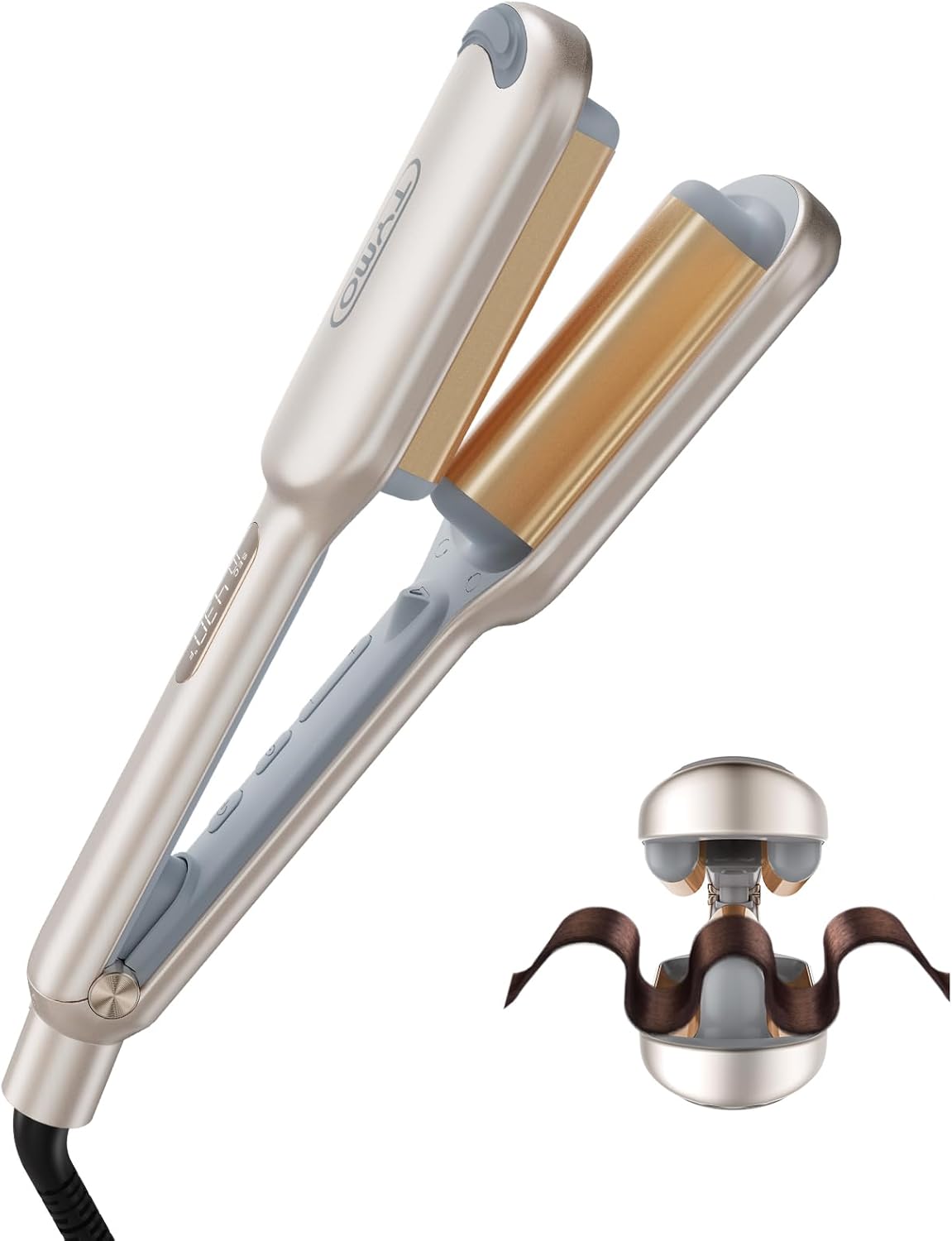 Curling Iron Hair Crimper Waver - TYMO ROVY Beach Waves Curling Wand, Ionic Deep Waver Hair Curler Tool with Ceramic 3 Barrel for Women, Dual Voltage, Anti-Scald, Easy to Use, Elegant Gold, 1 Inch