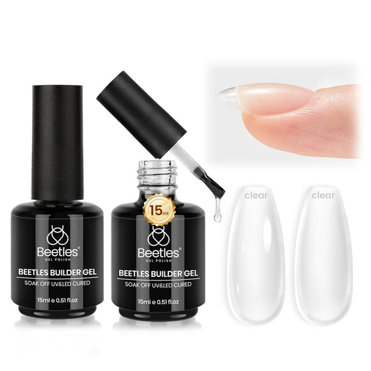 Beetles Builder Gel Set,Dew Glow 2 Pcs 0.5 oz 8 in 1 Nail Strengthening Apex Building Nail Extension for Beginner DIY Salon at Home,Clear Builder Nail Gel for Nails,Fall Nails,UV & LED Lamp Needed