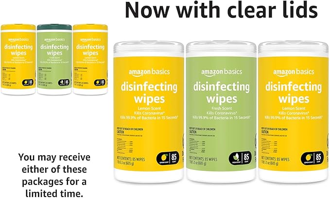 Amazon Basics Disinfecting Wipes, Lemon & Fresh Scent, Sanitizes/Cleans/Disinfects/Deodorizes, 255 Count (3 Packs of 85)
