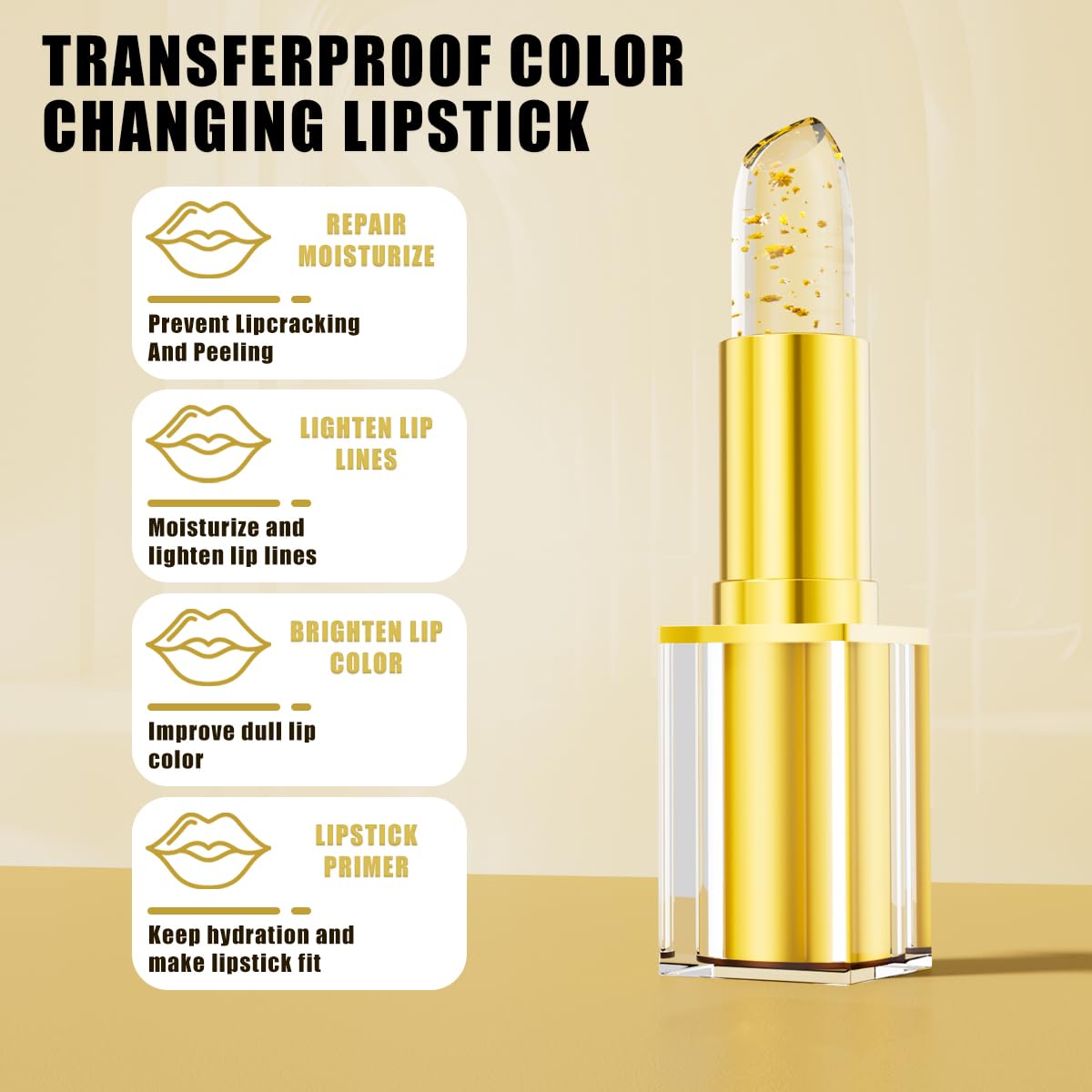 Transferproof Color Changing Lipstick,Color Changing Lipstick for Women Girls,Temperature Change Moisturizer,Waterproof Moisturizer Lip Balm(Gold Foil)