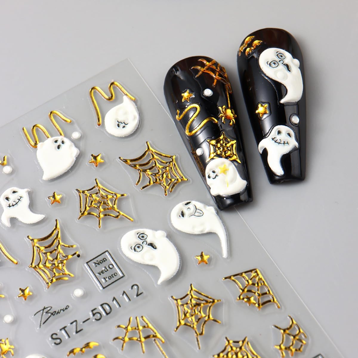 3 Sheets Halloween Nail Stickers 5D Embossed Goth Nail Art Stickers Bloody Drop Heart Ghost Spider Web Designs Nail Art Supplies Cute Gold Ghost Nail Decals for Women Girls Holiday Acrylic Nails DIY