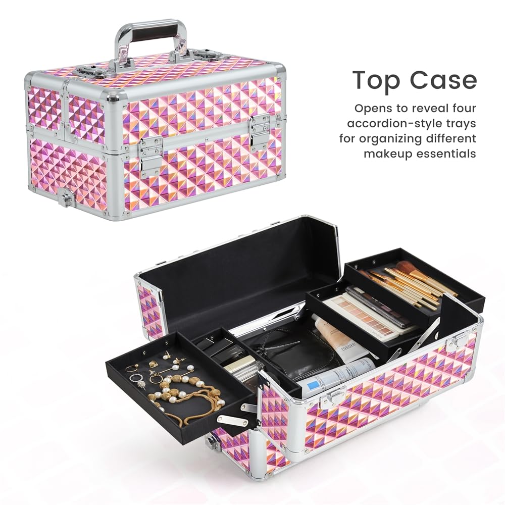 Yaheetech Rolling Makeup Train Case 3 in 1 Cosmetic Case Professional Makeup Suitcase Large Aluminum Cosmetic Trolley with Swivel Wheels and Key, Diamond Pattern- Pink