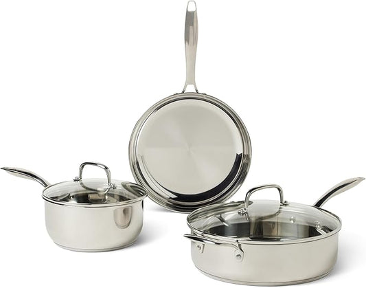 Amazon Basics Stainless Steel Cookware Set, 5-Piece Set, All Cooktop Friendly, Dishwasher-Safe