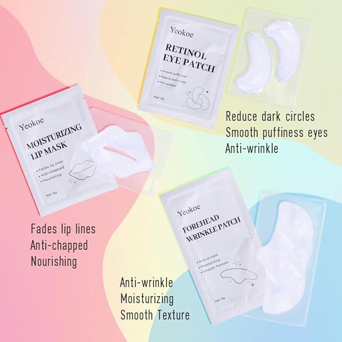 Forehead Wrinkle Patches,Under Eye Patches and Lip Mask 30 PCS. Face Masks Skincare With Retinol Serum For Anti-aging Puffy Eyes and Dark Circles