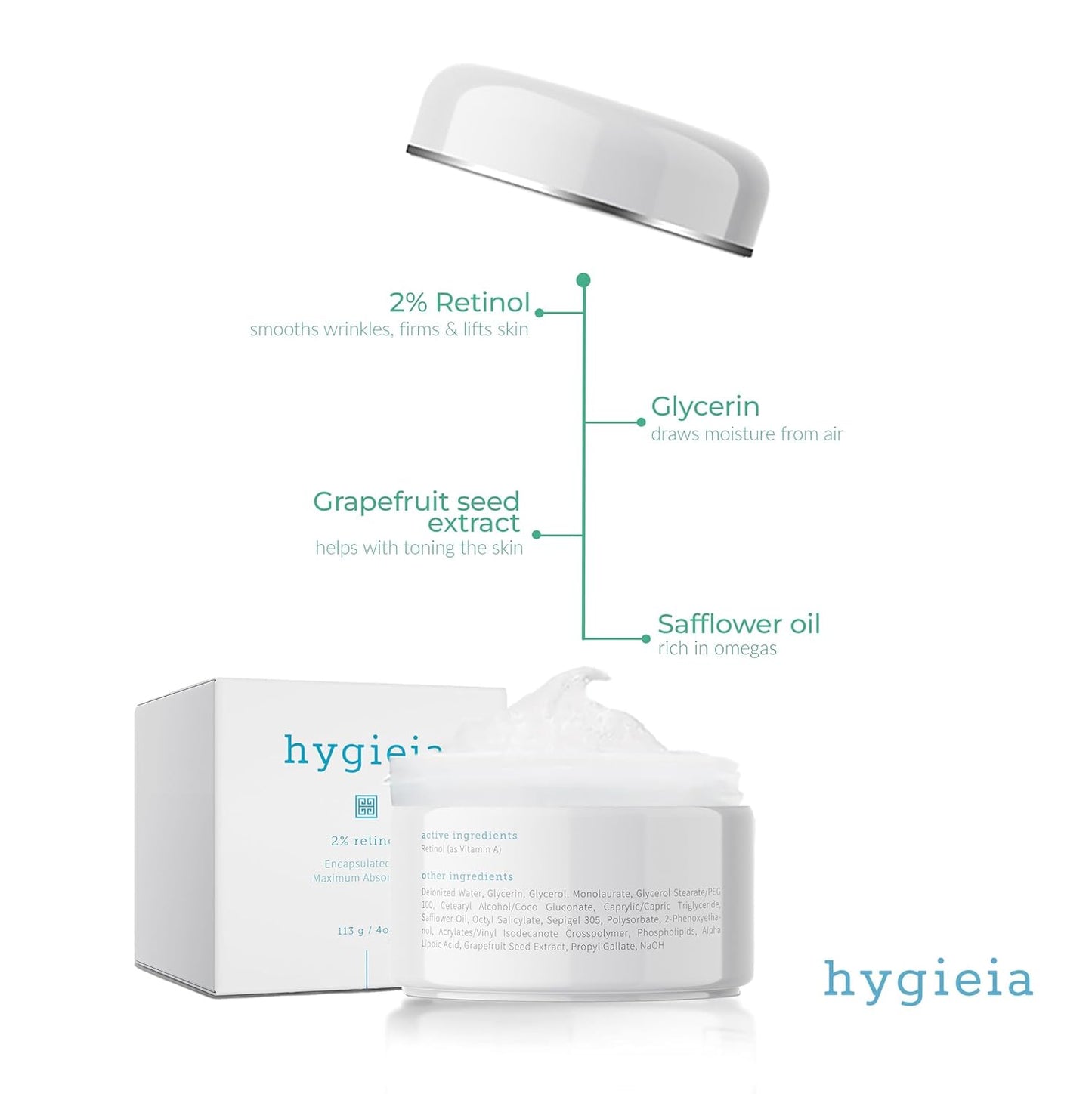 Hygieia + Encapsulated 2% Retinol Cream, 4oz – Liposomal Anti-Wrinkle Cream for Face, Neck & Body – Fast & Deep Cellular Absorption – Day or Night Cream for Firming, Lifting & Repairing Aging Skin