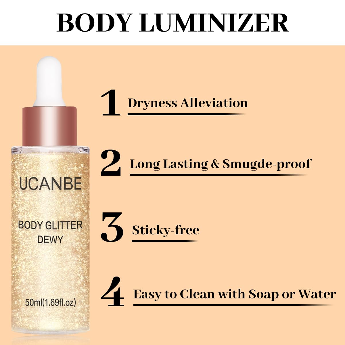 UCANBE Hydrating Body Shimmer Face Glitter Highlighter Makeup Liquid Glow Lotion for Women Holographic Luminizer for Hair for Valentine's Day Gifts (Champagne Gold - 01)