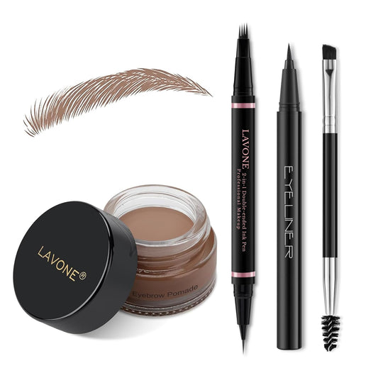 Eyebrow Pencil Makeup Kit, with Waterproof 2-IN-1 Microblading Eyebrow Pen, Eyebrow Pomade, Eyeliner and Dual-ended Eyebrow Brush, Brow Pencil Kit for Natural Eyebrows - Ash Brown