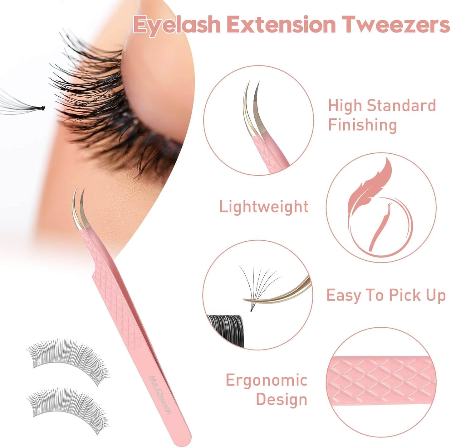 Ms.Queen Volume Lash Tweezers Set,2Pcs Fiber Tip 45 Degree Volume and Curved Isolation Eyelash Extension Tweezers