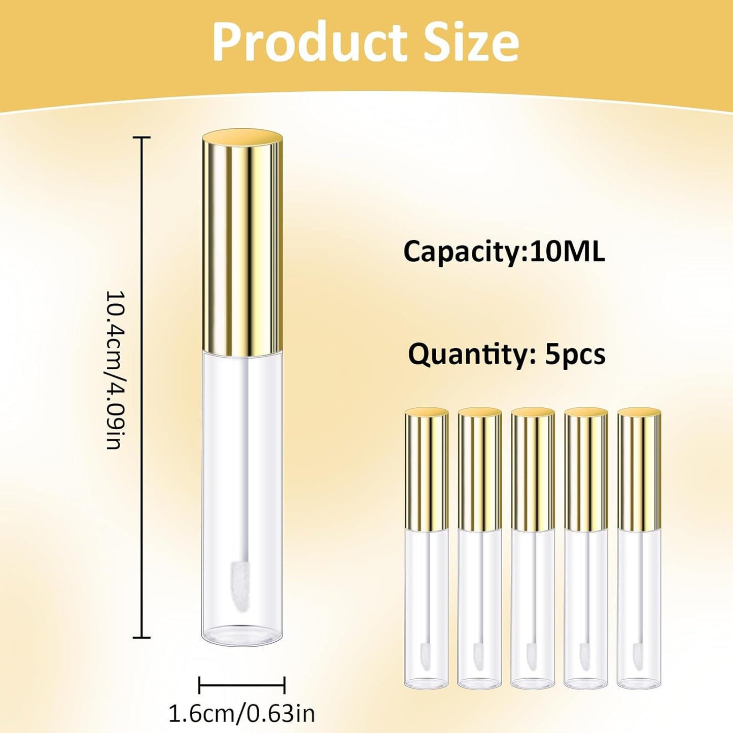 Molain 5PCS Empty Lip Gloss Tubes, 10ml Refillable Cosmetic Containers Bottles Lip Balm Bottles with Wand Concealer for Lipstick Samples, Lip Balms(Gold tube cap)