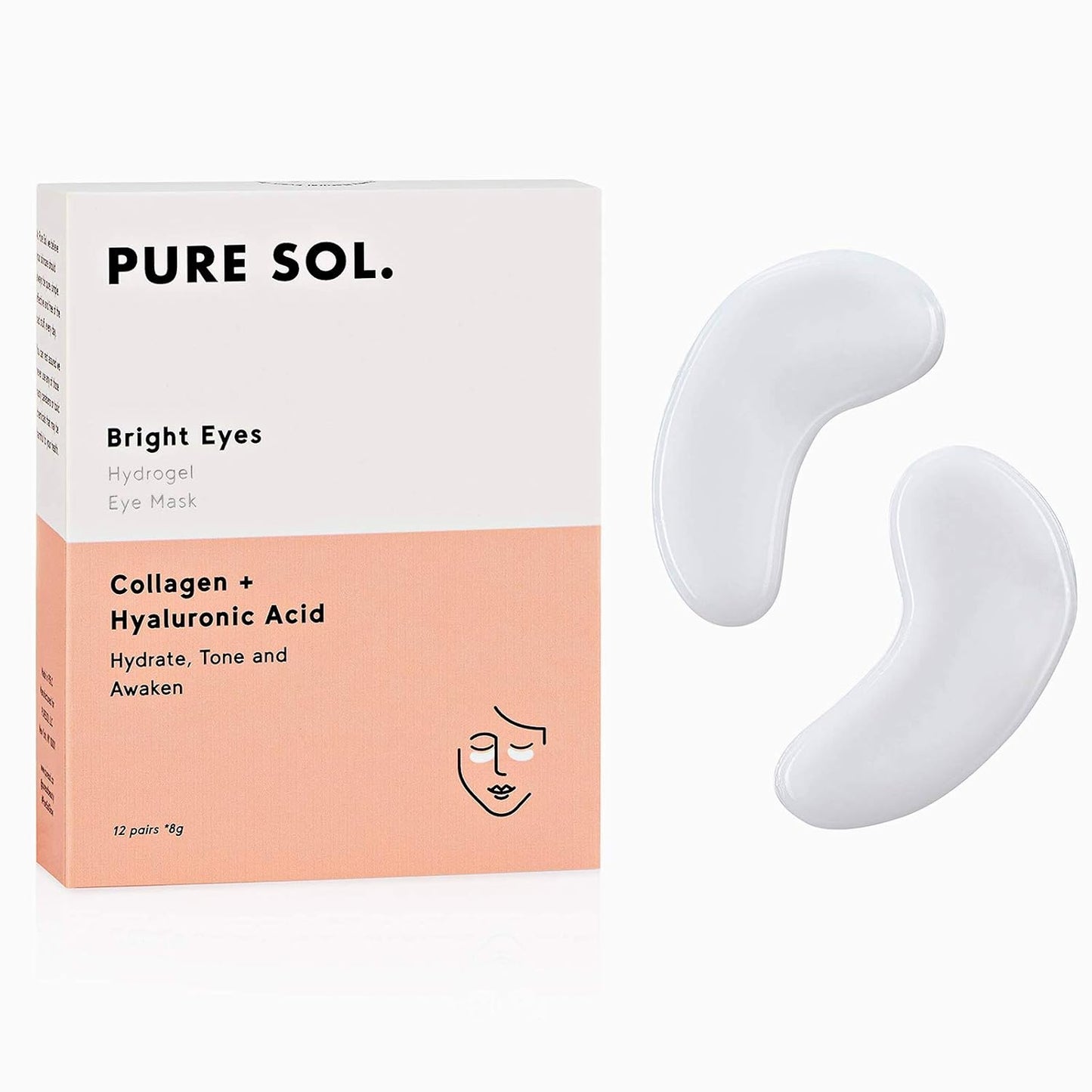 PURE SOL. Hydrogel Collagen Eye Mask with Hyaluronic Acid, Grape Seed Extract, Hydrate, Tone and Awaken (12 pairs)