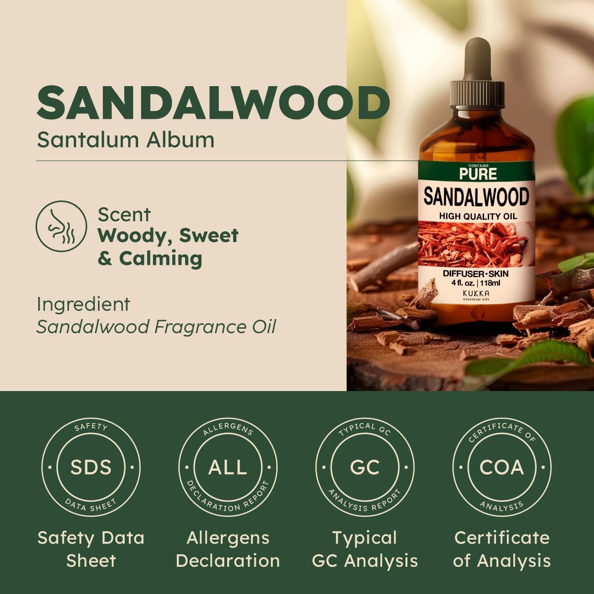 Kukka Sandalwood Essential Oil for Diffuser & Skin - 4 Fl Oz - Sandalwood Oil, Woody Scent, for Massage, Perfume, Hair, Aromatherapy, Candle, DIY Soap Making Scents