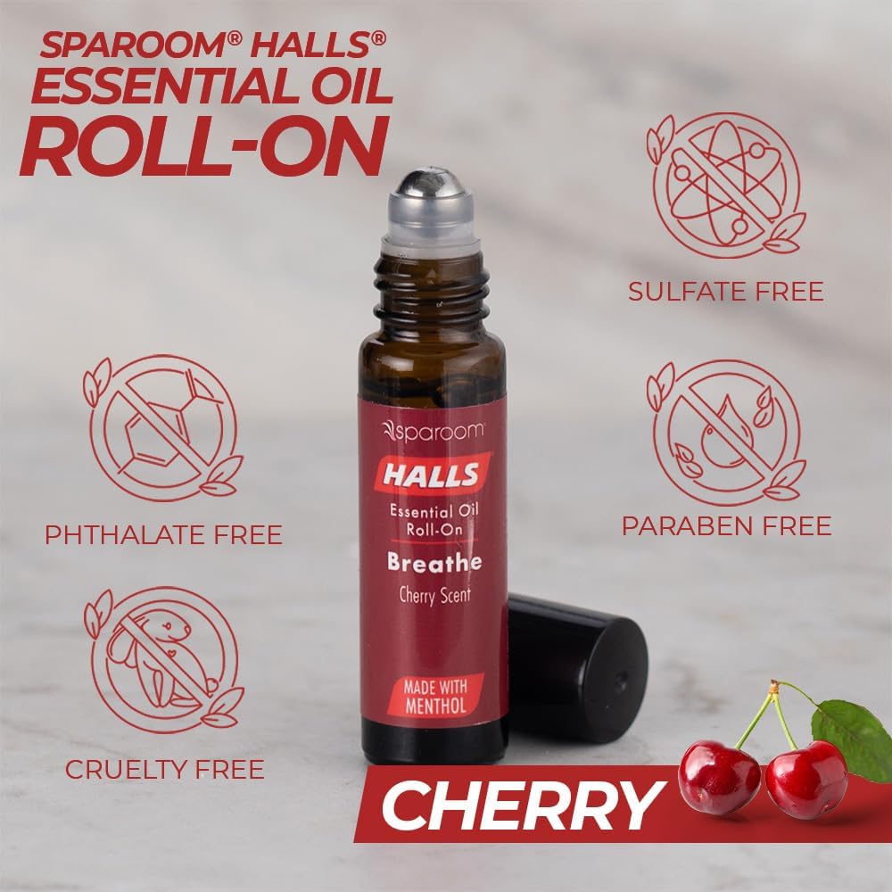 Halls Breathe Essential Oil Roll On Cherry – Menthol-Infused Aromatherapy Blend for Focus and Tension, Travel-Friendly Relaxation Support with Natural Botanical Oils, 10mL Precision Applicator