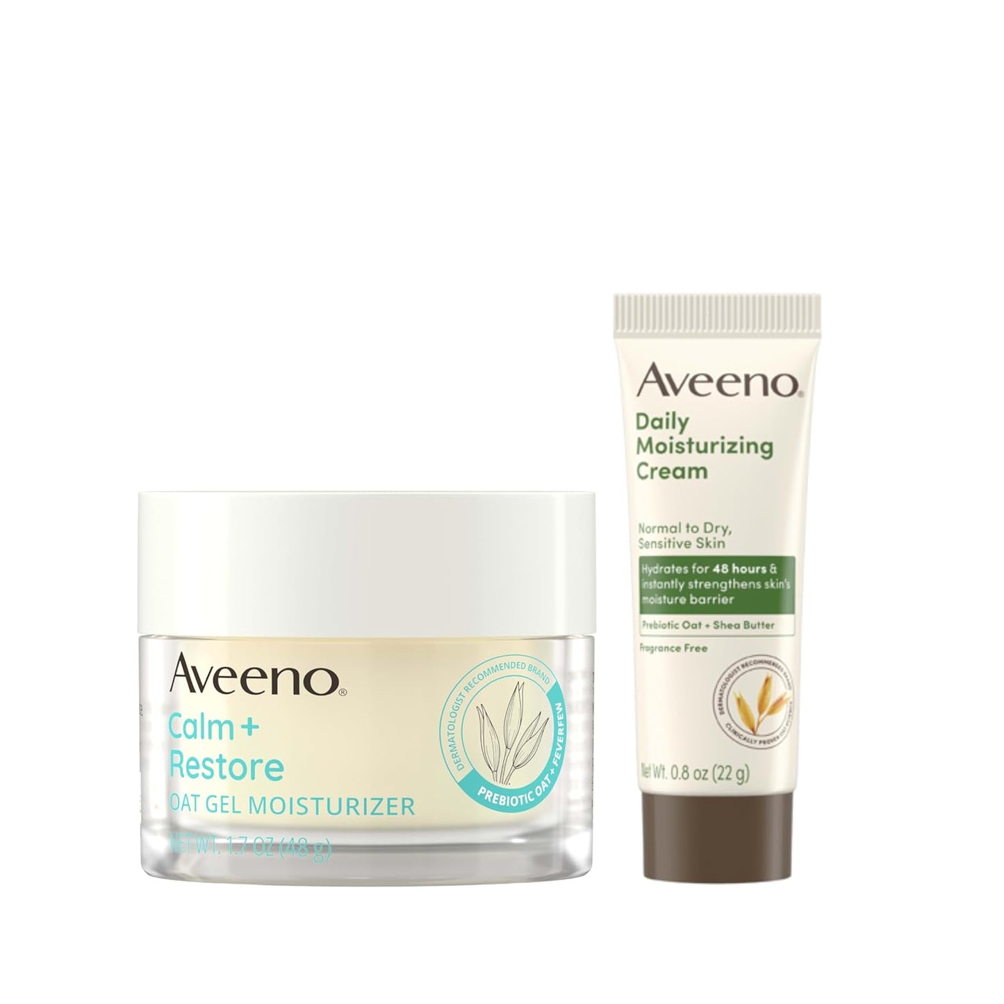Aveeno Sensitive Skin Moisturizer Bundle, Calm + Restore Oat Gel Facial Moisturizer, 1.7 oz, & Trial Size Daily Moisturizing Cream + Prebiotic Oat, 0.5 oz, Fragrance-Free, Two Items