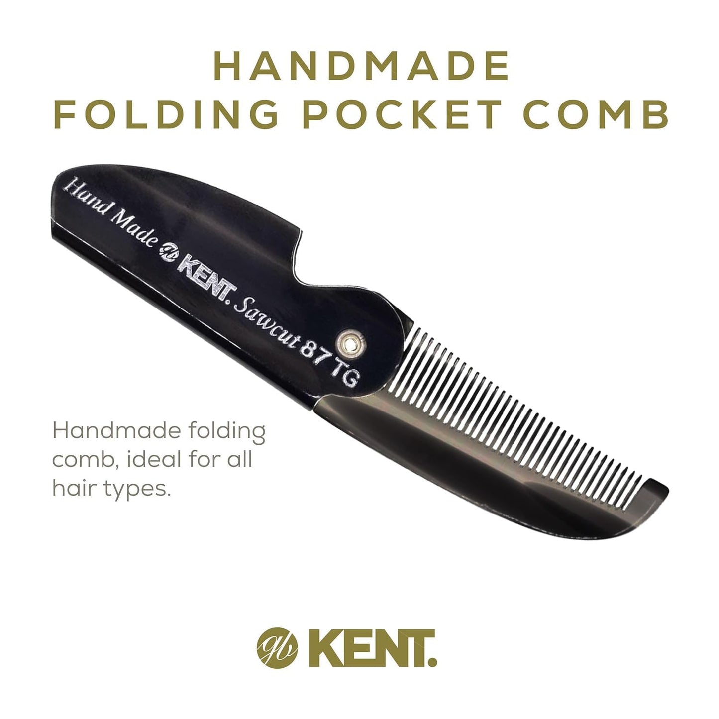 Kent 87T Black Graphite Handmade Folding Pocket Comb for Men, Fine Tooth Hair Comb Straightener for Everyday Grooming Styling Hair, Beard or Mustache, Saw Cut Hand Polished, Made in England (2 Pack)