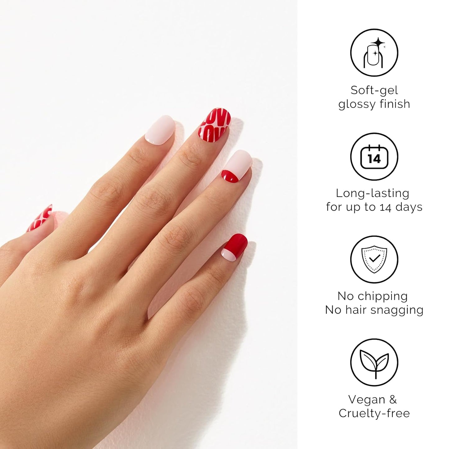 NAILOG Semi Cured Gel Nail Strips for Valentine's Day - 34 pcs | Buy 2 Get 1 UV Lamp | Long Lasting Nail Polish Sticker Wraps with Glossy Gel Finish, City of Love