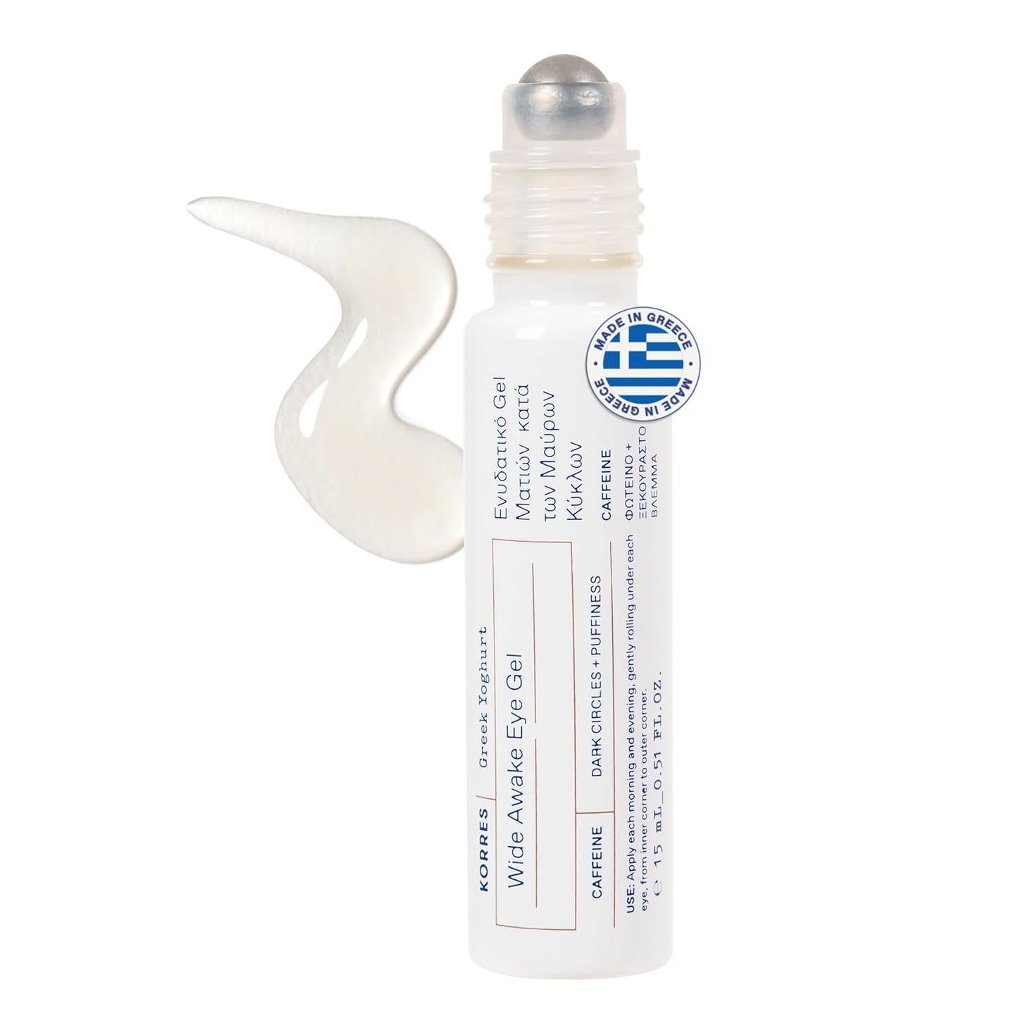 KORRES Greek Yoghurt Wide Awake Eye Gel Serum with Hyaluronic Acid and Caffeine for Dark Circles, Puffy Eyes and Under Eye Bags, Roller Massage Ball Applicator, Brightening and Hydrating, 0.51 fl oz