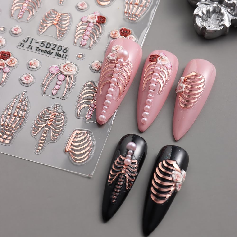 3Pcs Halloween Nail Art Sticker 5D Embossed White Claw Skull Nail Decals Gold Rose Gold Skeleton Nail Stickers 3D Self-Adhesive Hand Bone Nail Supplies Holiday Nails Accessories for Women DIY Manicure