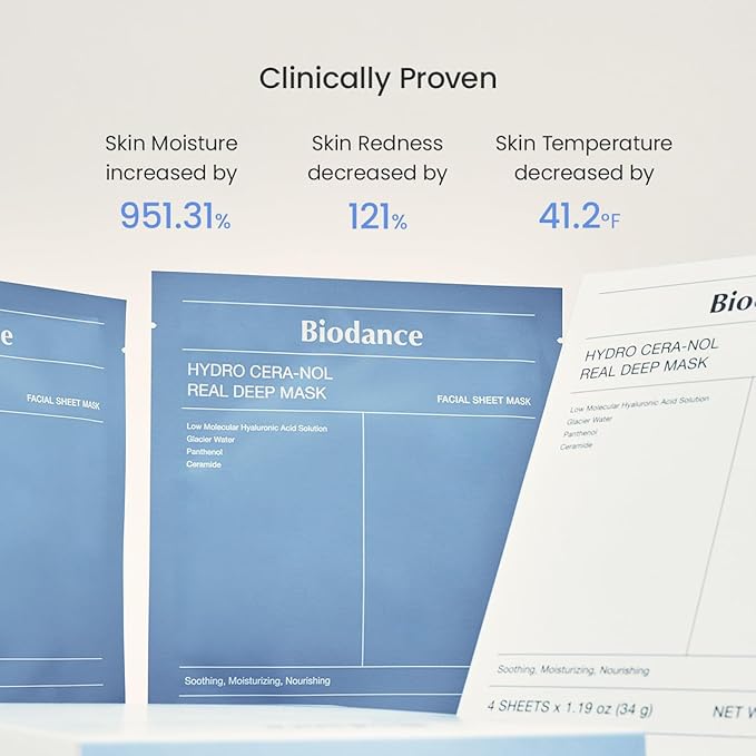 BIODANCE Hydro Cera-nol Real Deep Mask, Overnight Hydrogel Mask, Hydrating Facial Mask For Sensitive Skin, Redness Reducing & Quick Soothing Effect, Korean Skincare, Stocking Stuffers |1.19oz(34g)x4ea