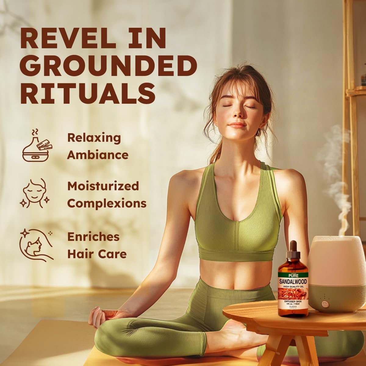 Kukka Sandalwood Essential Oil for Diffuser & Skin - 4 Fl Oz - Sandalwood Oil, Woody Scent, for Massage, Perfume, Hair, Aromatherapy, Candle, DIY Soap Making Scents