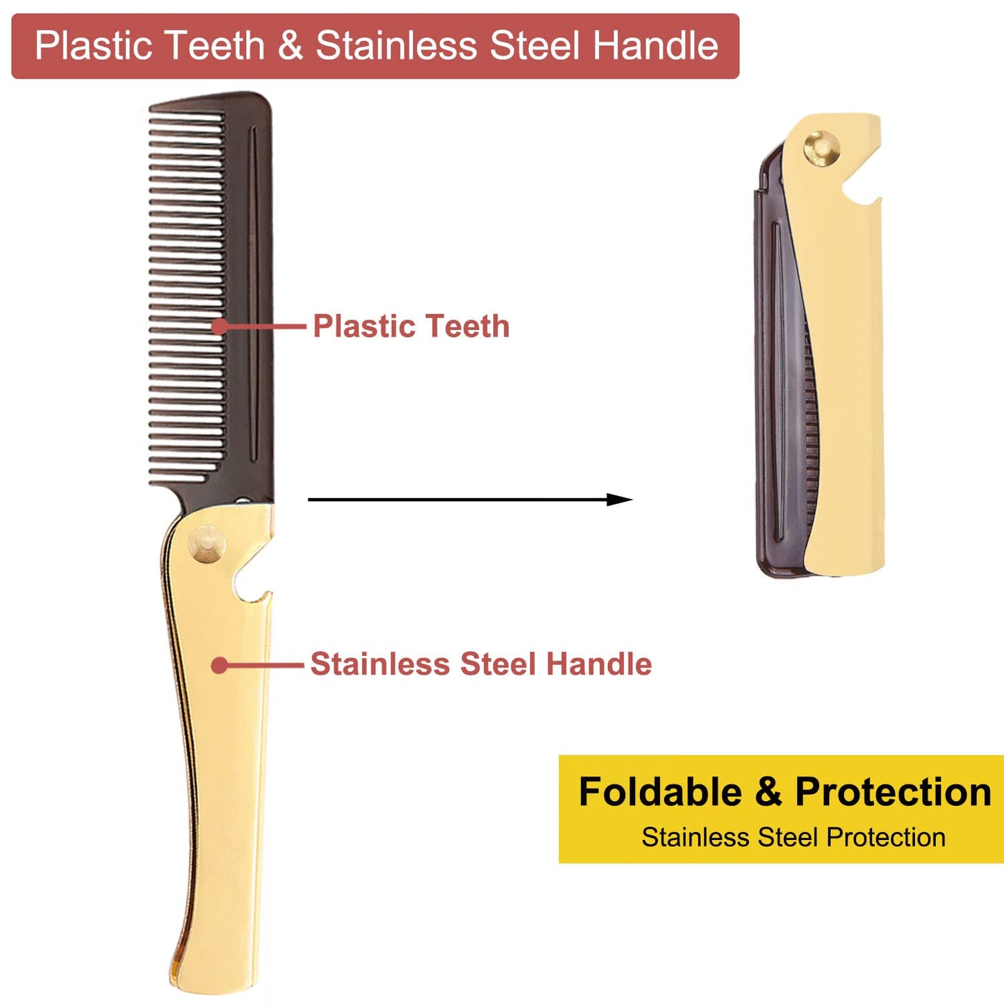 Stainless Steel Folding Comb, Pocket Comb for Men and Women, Golden