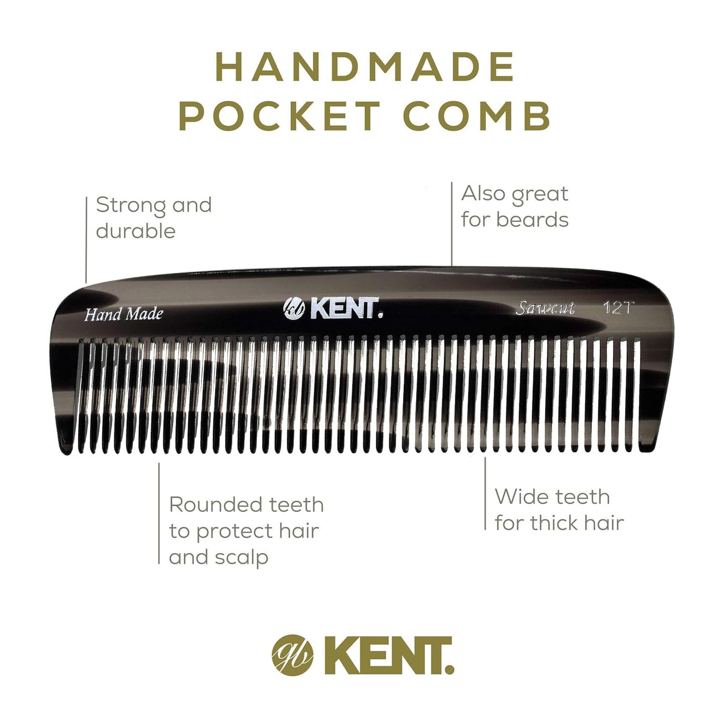 Kent 12T G Wide Tooth Detangling Comb - Handmade Pocket Comb for Thick, Curly, Wavy Hair - Large Tooth Hair and Beard Grooming Comb - Saw-Cut and Hand Polished