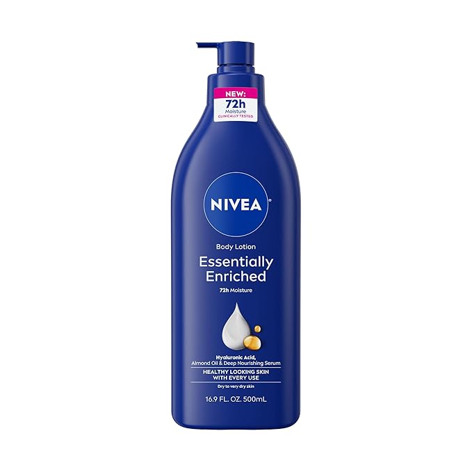 NIVEA Essentially Enriched Body Lotion for Very Dry Skin with Hyaluronic Acid, Almond Oil and Deep Nourishing Serum, 72-Hour Body Moisturizer, 16.9 Fl Oz Pump Bottle