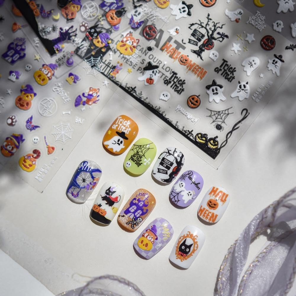 1 Sheet Halloween Nail Stickers 3D Self-Adhesive Cute Ghost Haunted House Nail Art Stickers Pumpkin Spider Web Nail Decals Moon Star Nail Designs Holiday Nail Art Decoration for Women Girls Manicure